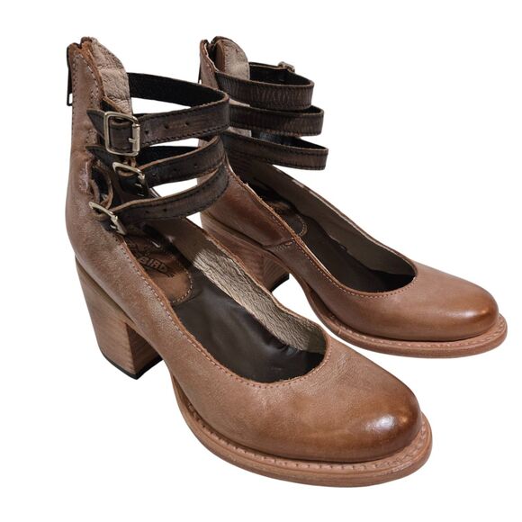 Freebird Randi Brown Sz 5 Ankle Straps Back Zip Block Heel shoes Buckles Leather - Picture 1 of 11